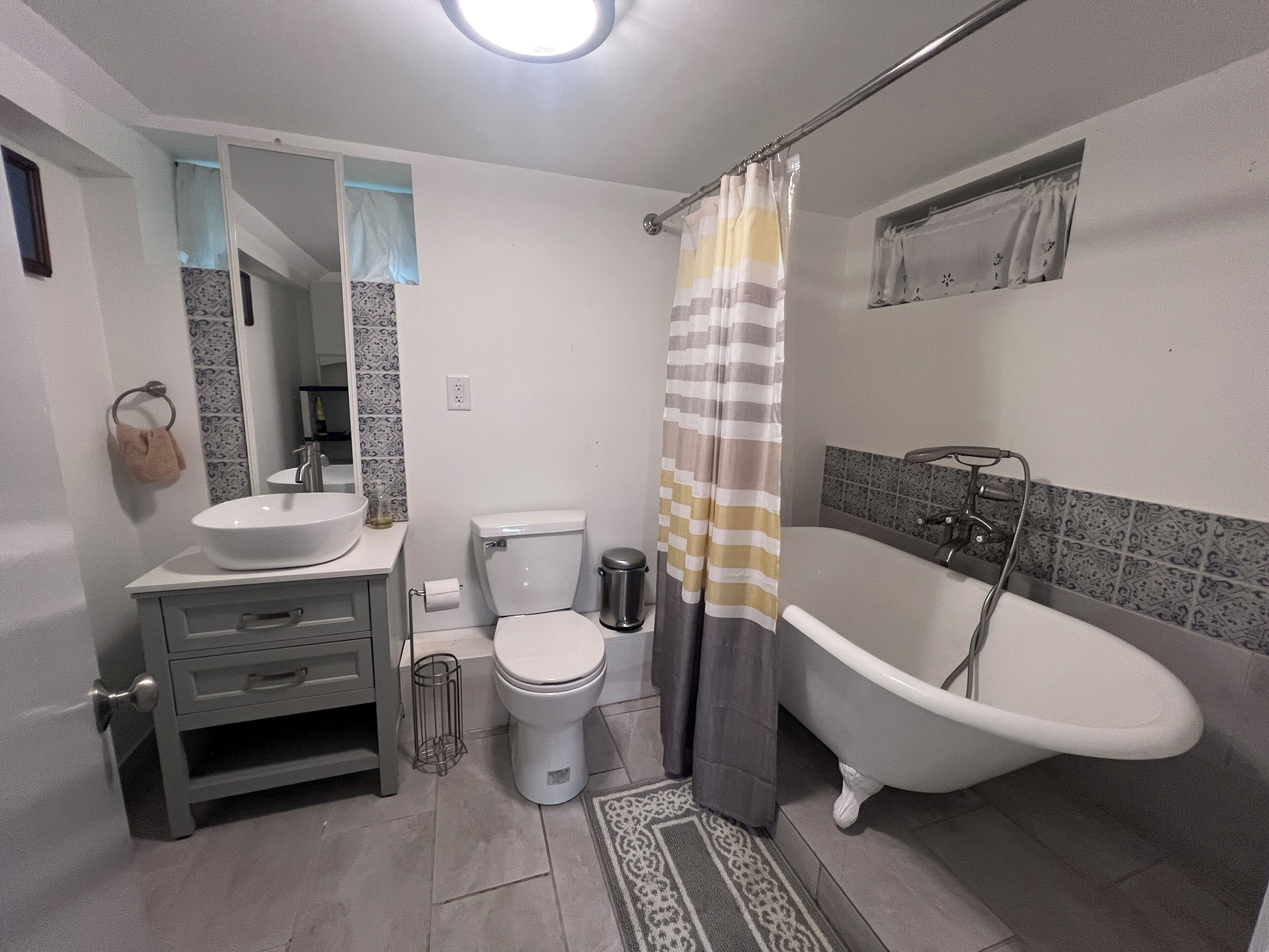 Hair dryer, bidet, towels, soap