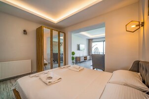 A hotel room with a large bed, a mirror, a radiator, a TV, and a view of the outside.