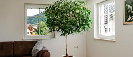 A room with a brown leather sofa, a wooden coffee table, a potted tree, and a framed picture on the wall.