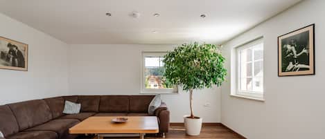 A modern living room with a brown leather sofa, a wooden coffee table, a potted tree, and two framed pictures on the walls.