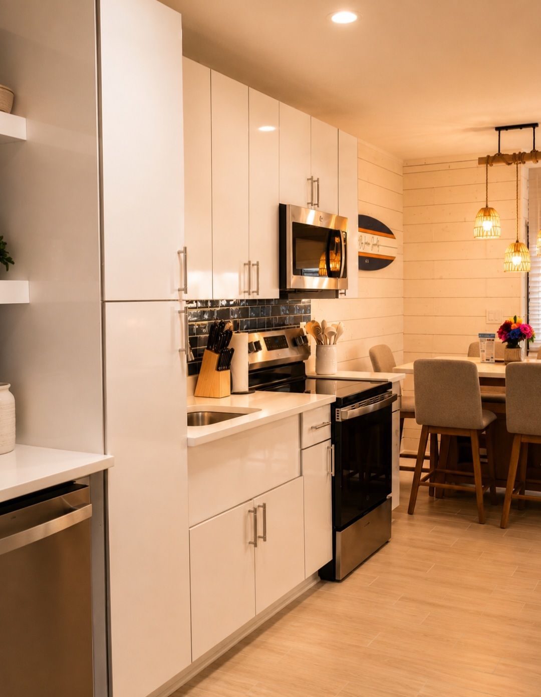 Una cocina moderna con armarios blancos, electrodomésticos de acero inoxidable y un comedor con sillas de madera.