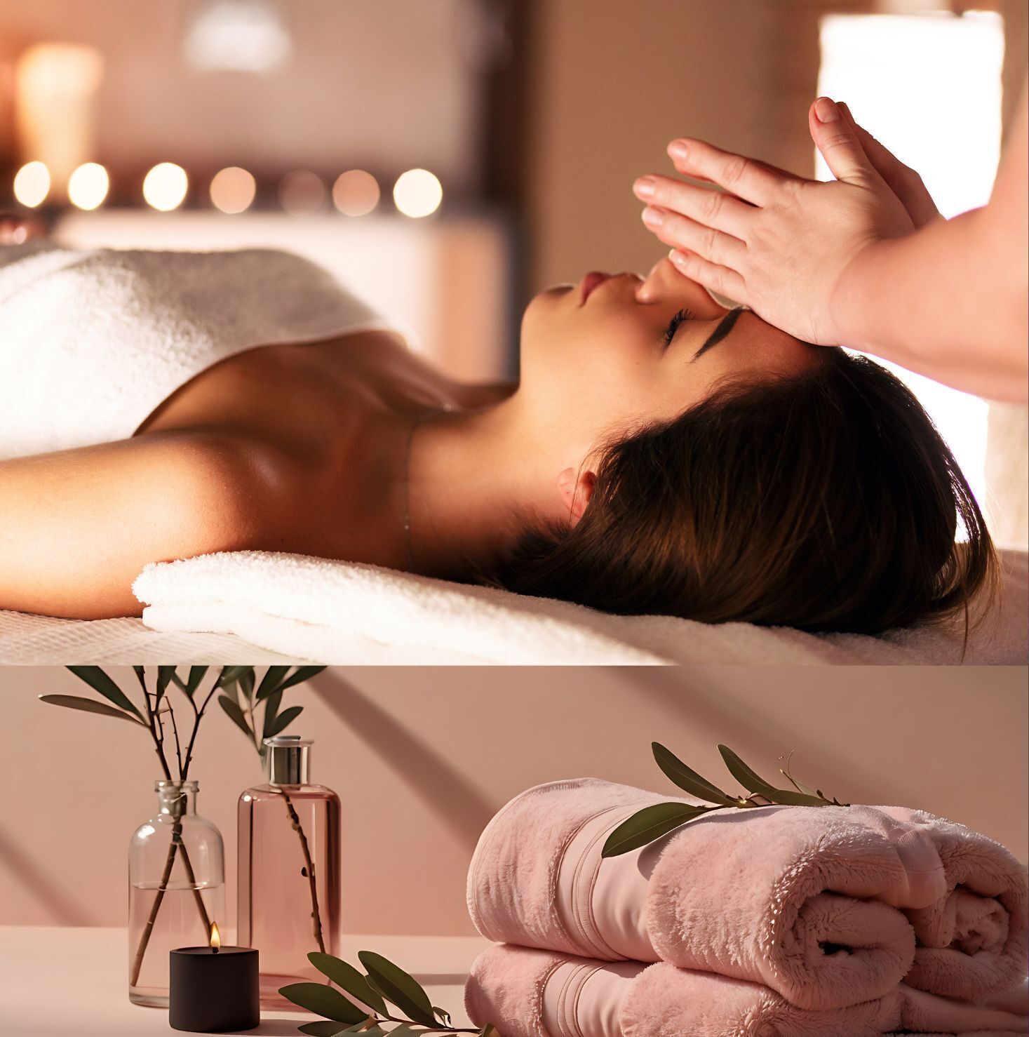 A spa setting with a person receiving a massage, a candle, and rolled towels.