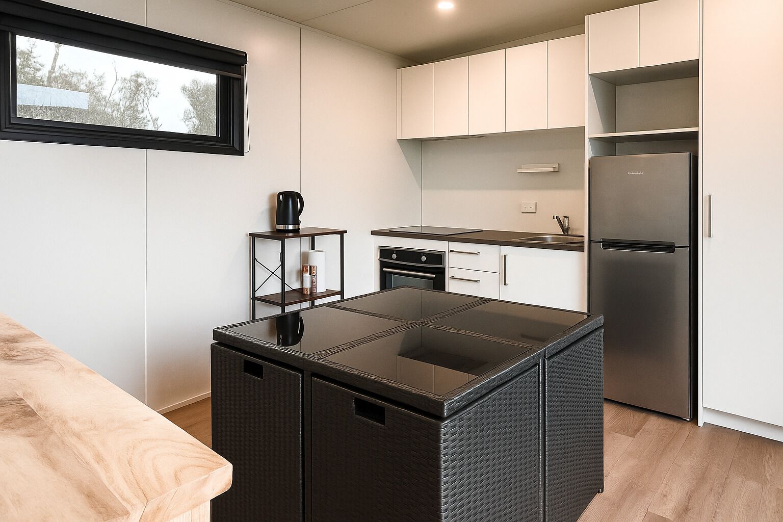 Fridge, microwave, stovetop, coffee/tea maker