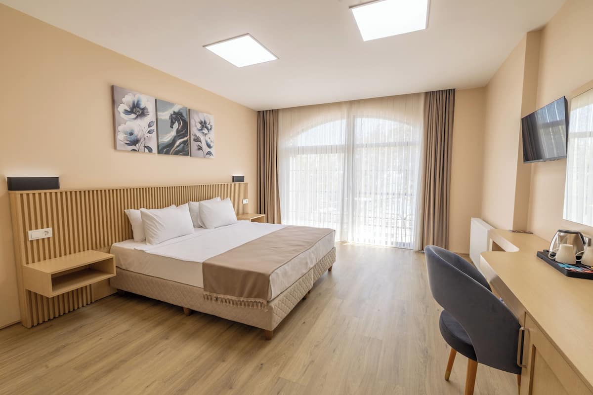 Desk, laptop workspace, free WiFi, bed sheets
