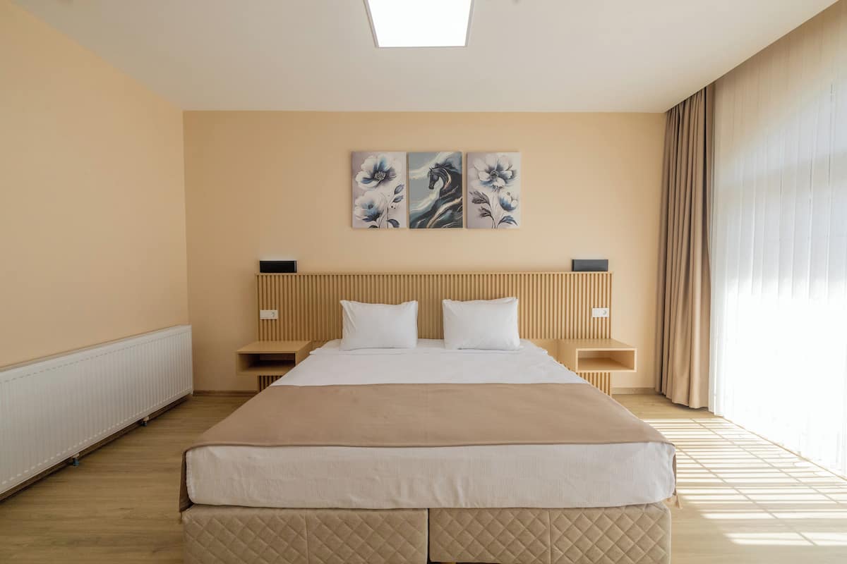 Desk, laptop workspace, free WiFi, bed sheets