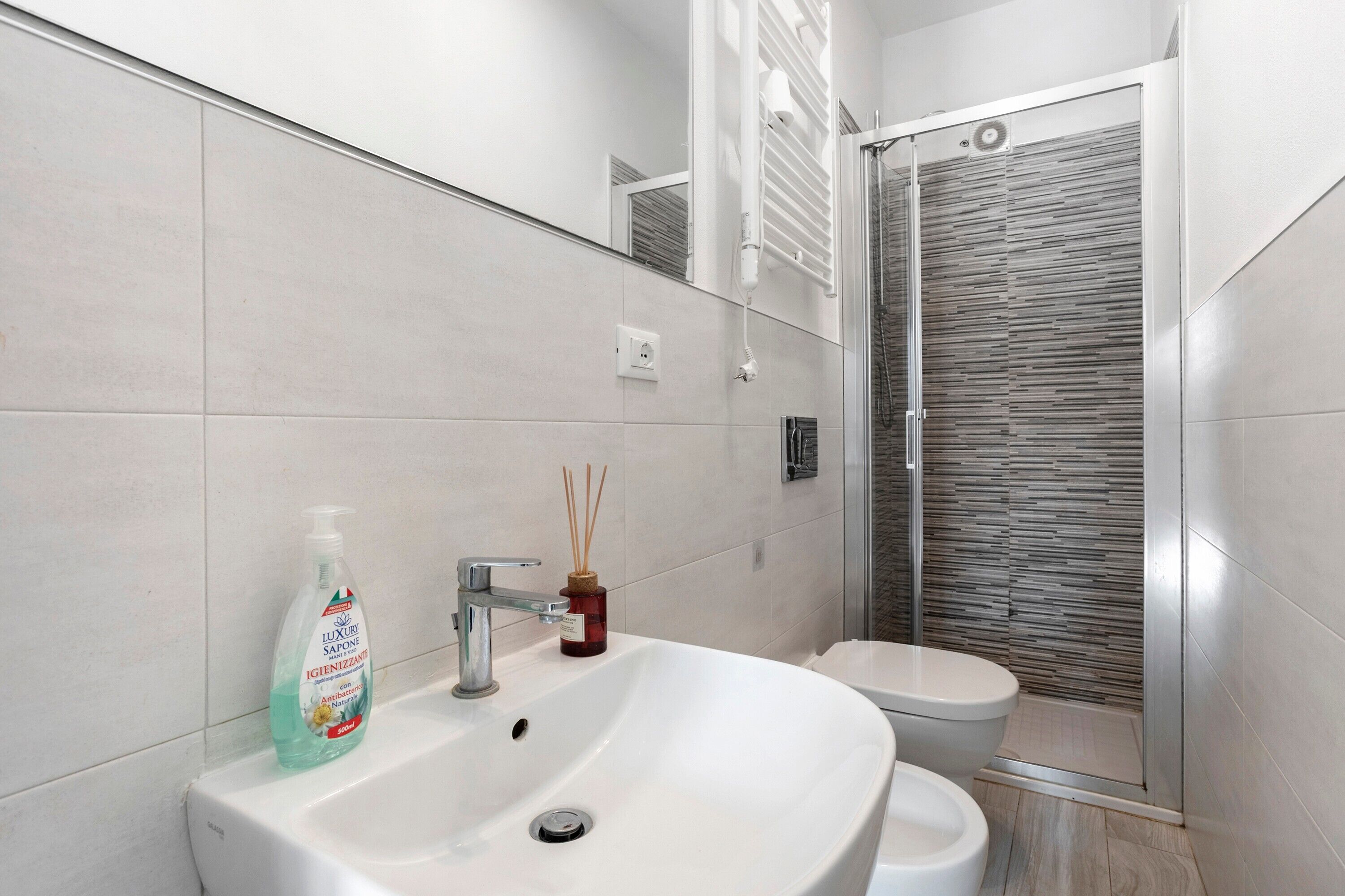 Shower, hair dryer, towels