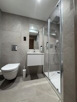 A modern bathroom with a toilet, sink, and glass-enclosed shower.