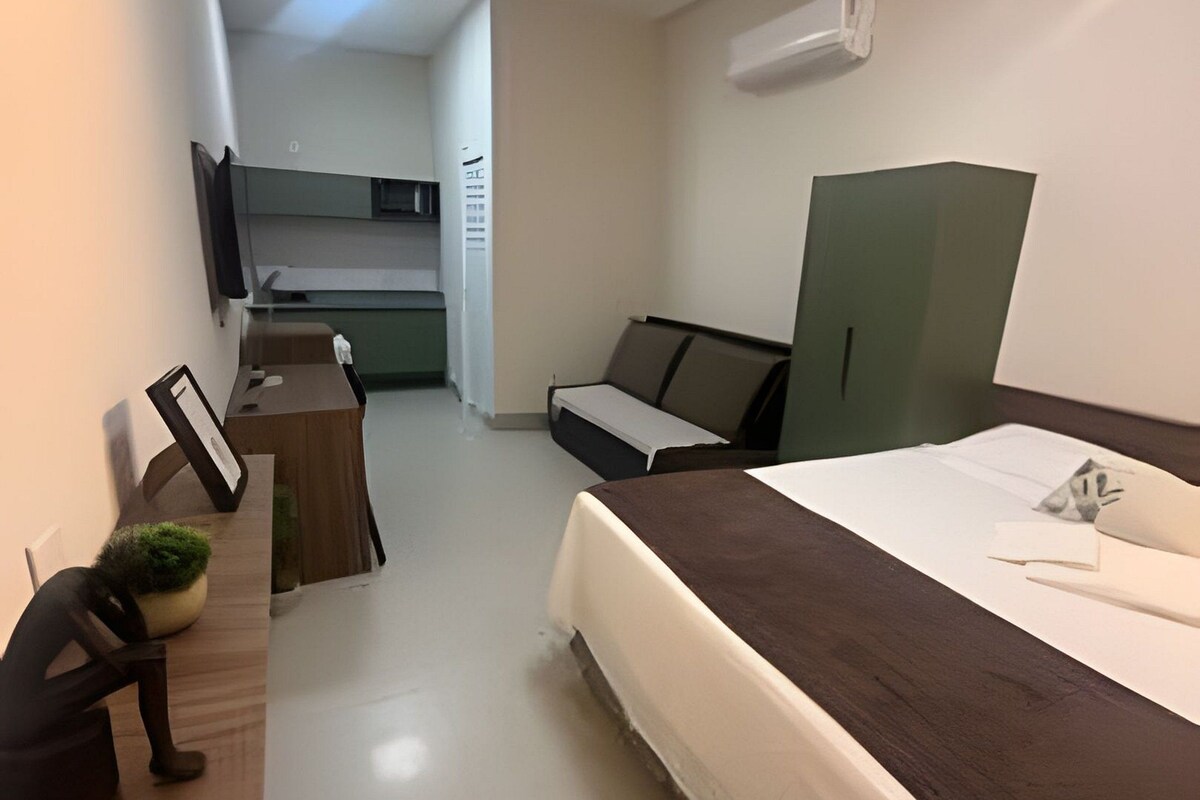 A compact hotel room with a bed, a desk, a chair, a small potted plant, a TV, and a kitchenette.