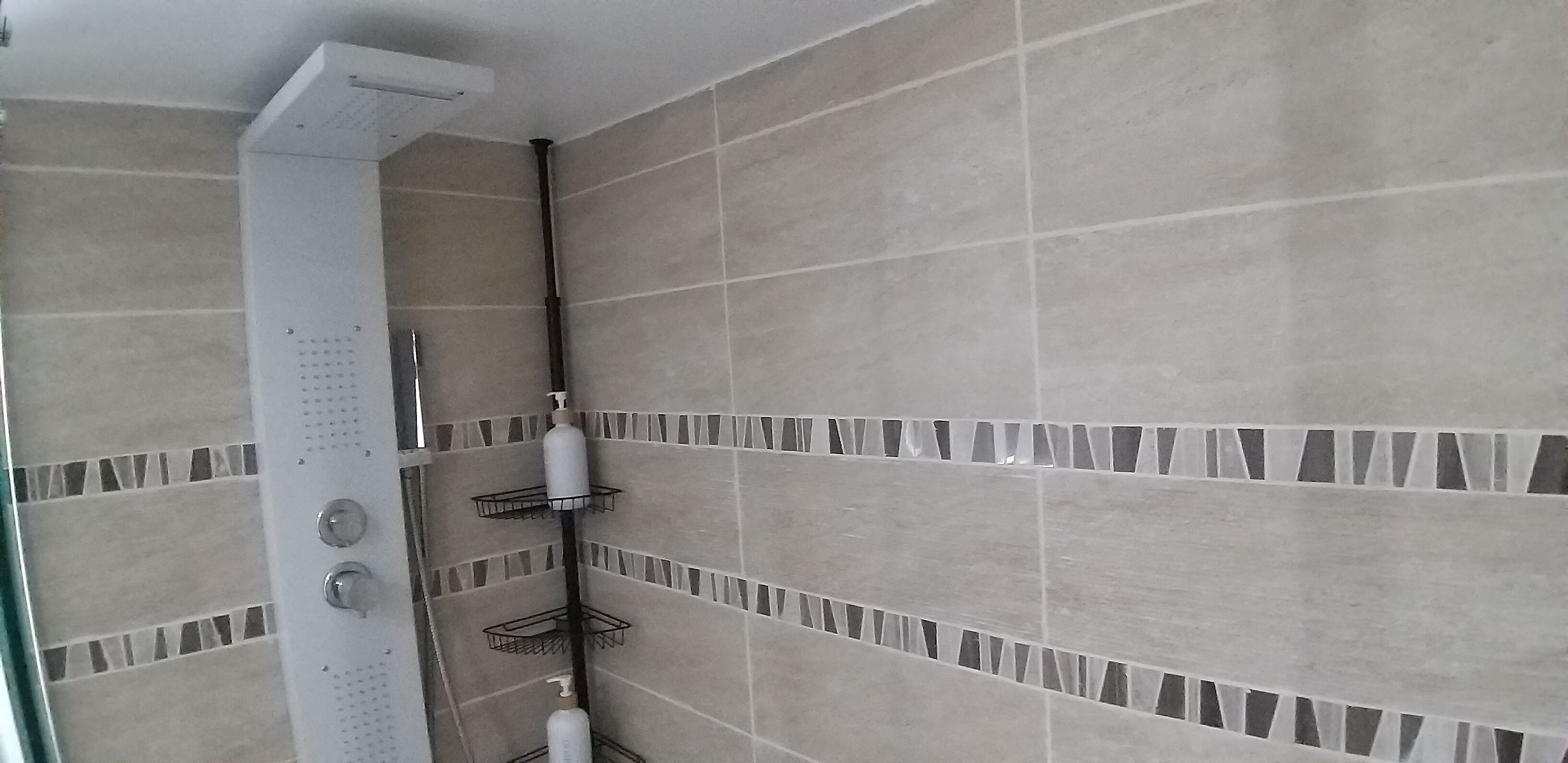 Een douche met een handdouche, een zeepdispenser en een fles shampoo.