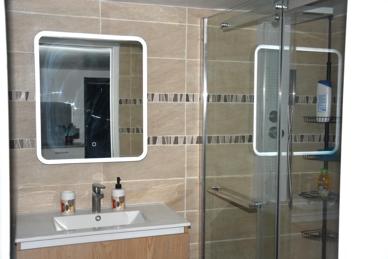 A bathroom with a glass shower enclosure, a sink with two bottles of hand soap, and a mirror.