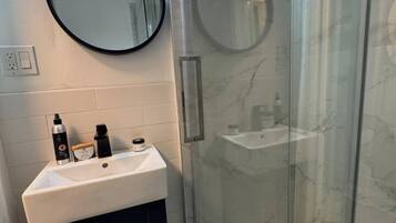 Hair dryer, towels, soap, toilet paper