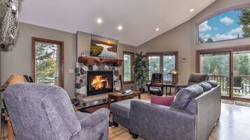 Smart TV, fireplace, books