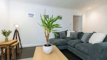 A modern living room with a grey sofa, a wooden coffee table, and a potted plant.