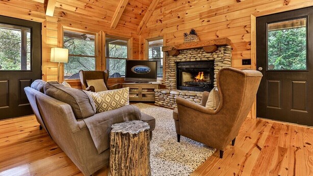Ein gemütliches Blockhaus-Interieur mit Kamin aus Stein, Holzwänden, einer Couch und einem Fernseher.