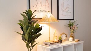 A room with a white console table, a potted plant, a lamp, and two framed artworks on the wall. - Charming Apt. with Marble Mantel (Troy)