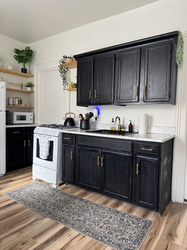 Fridge, oven, stovetop, coffee/tea maker