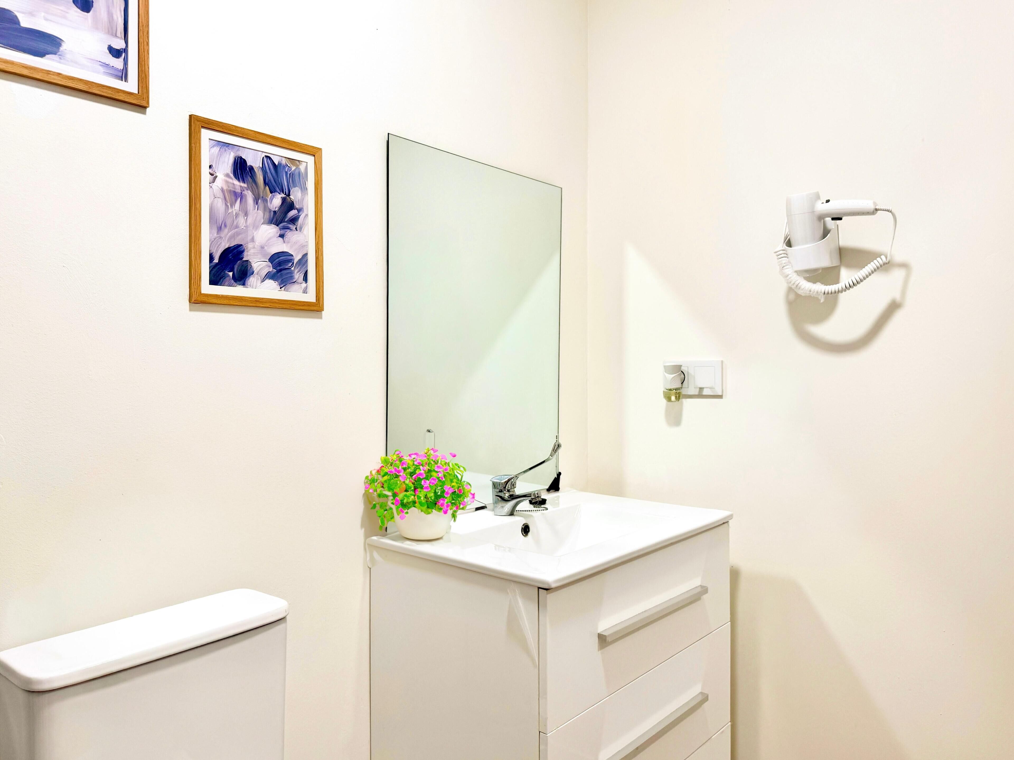 Dusch, hårtork, handdukar och tvål