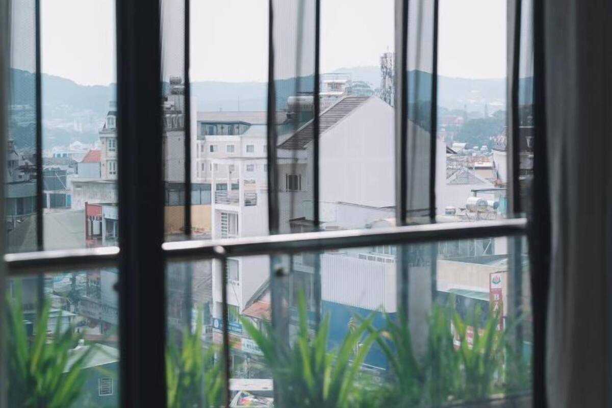 A view through a window with a cityscape in the background, including buildings and greenery.