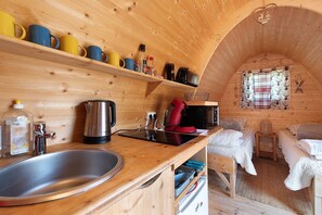 Fridge, microwave, stovetop, coffee/tea maker