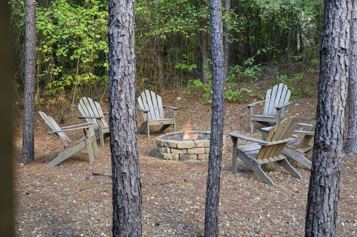 Un décor forestier avec un foyer et quatre chaises Adirondack disposées autour.
