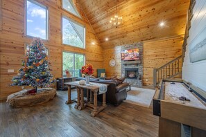 TV, fireplace, video games, table football