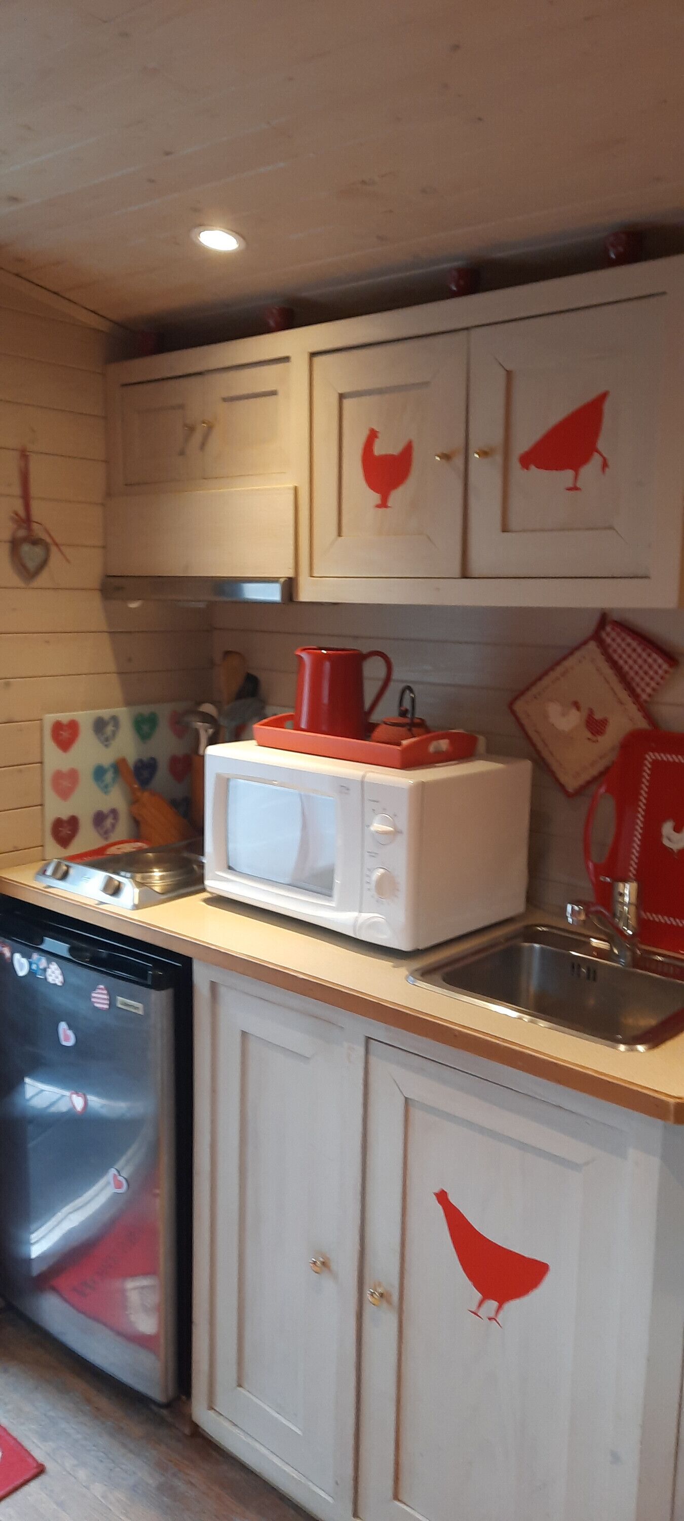 Een koelkast, een microgolfoven, een kookplaat