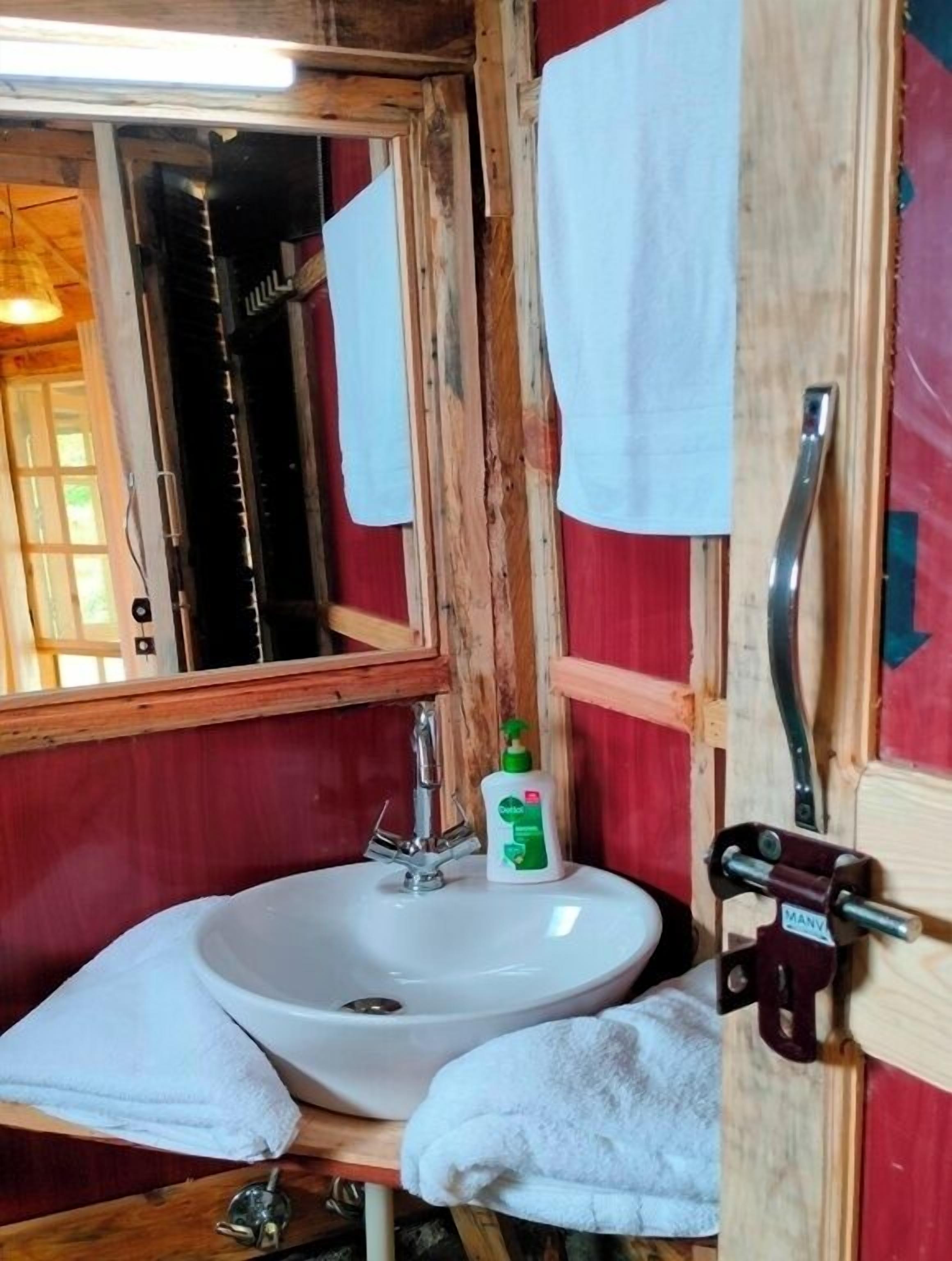 Un baño rústico con puerta de madera, un lavamanos blanco, un espejo y una botella de jabón para manos.