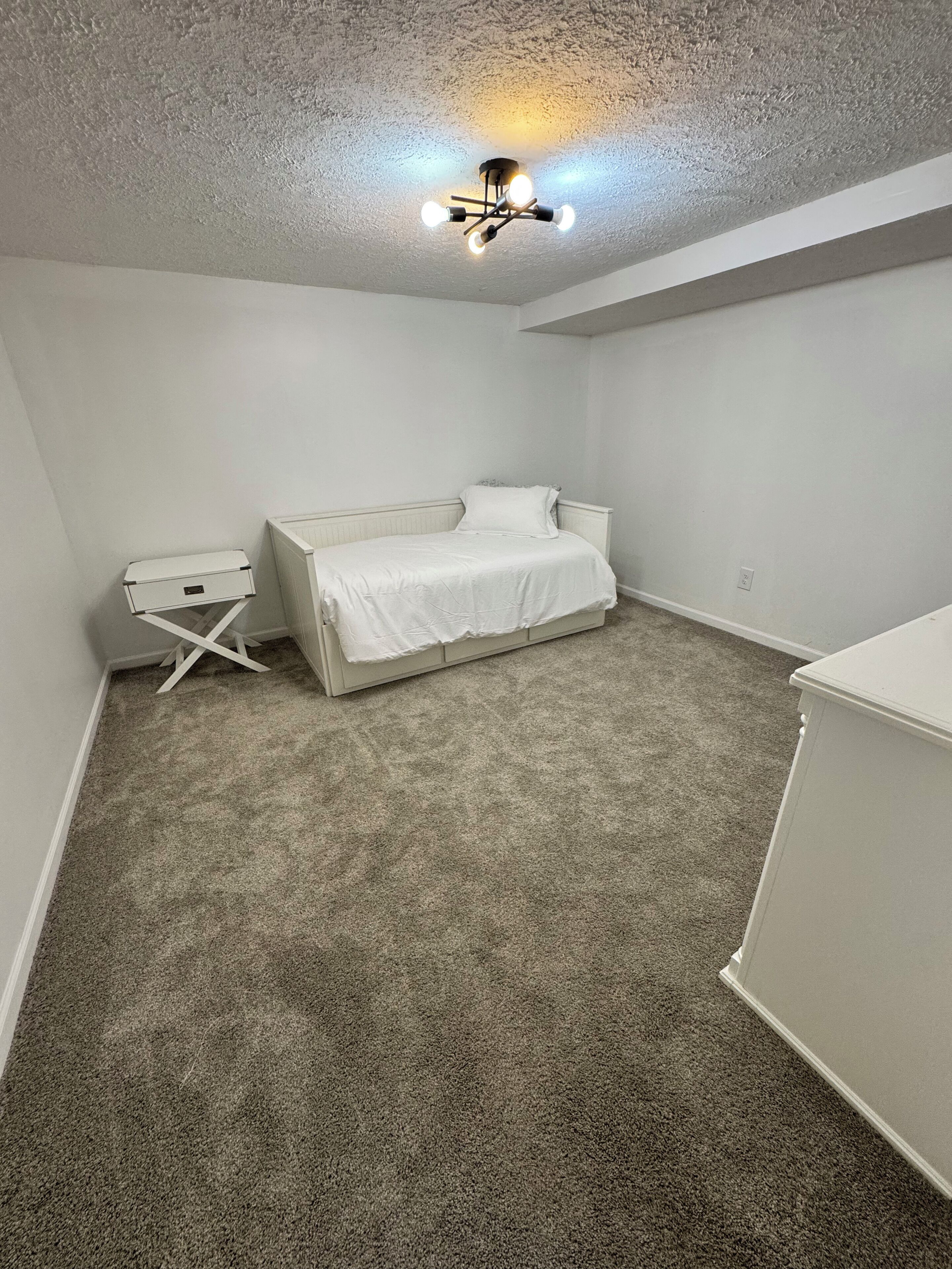 A bedroom with a single bed, a small desk, and a ceiling light fixture.