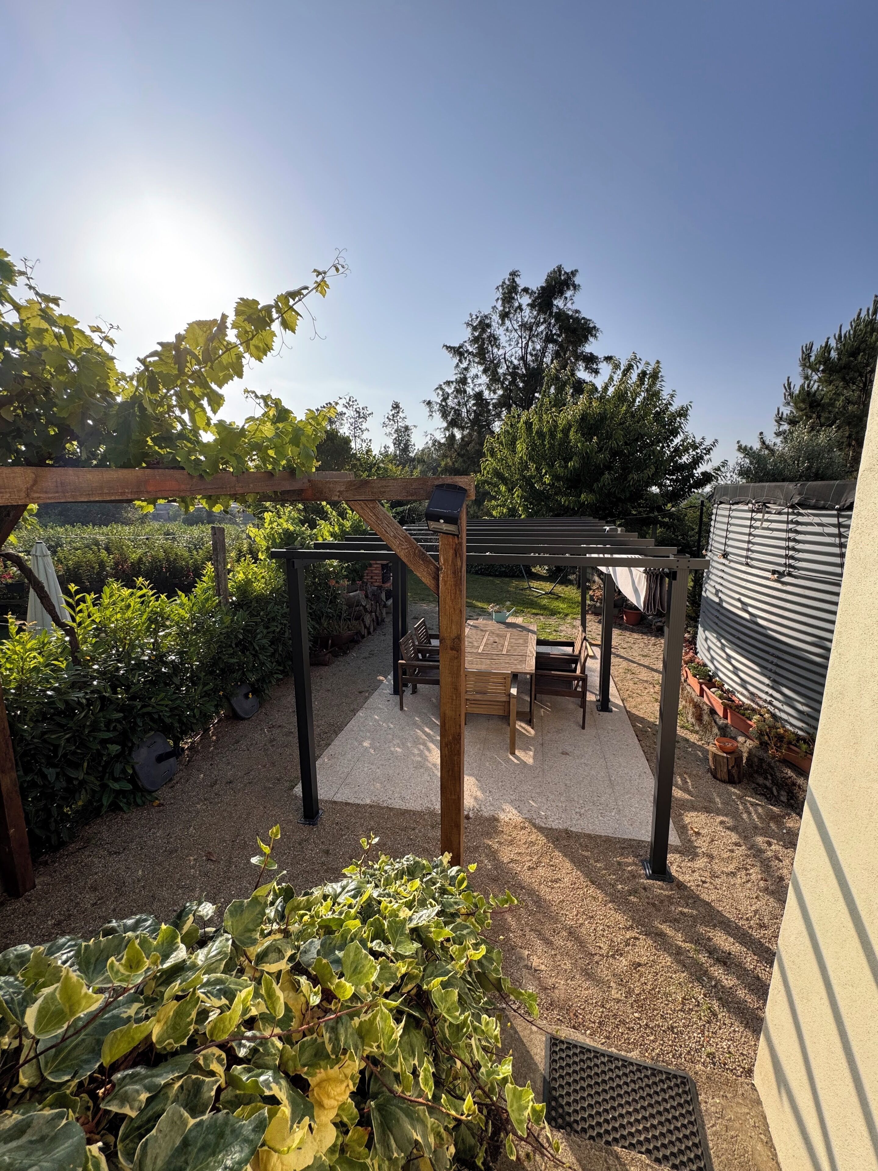 A garden patio area with a pergola, seating, and a variety of plants.