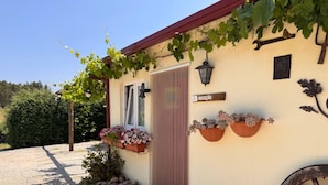 A building with a reception sign, potted plants, a wooden wheel, and a gravel path. - Quinta Vale Salgueiro (Carragozela)