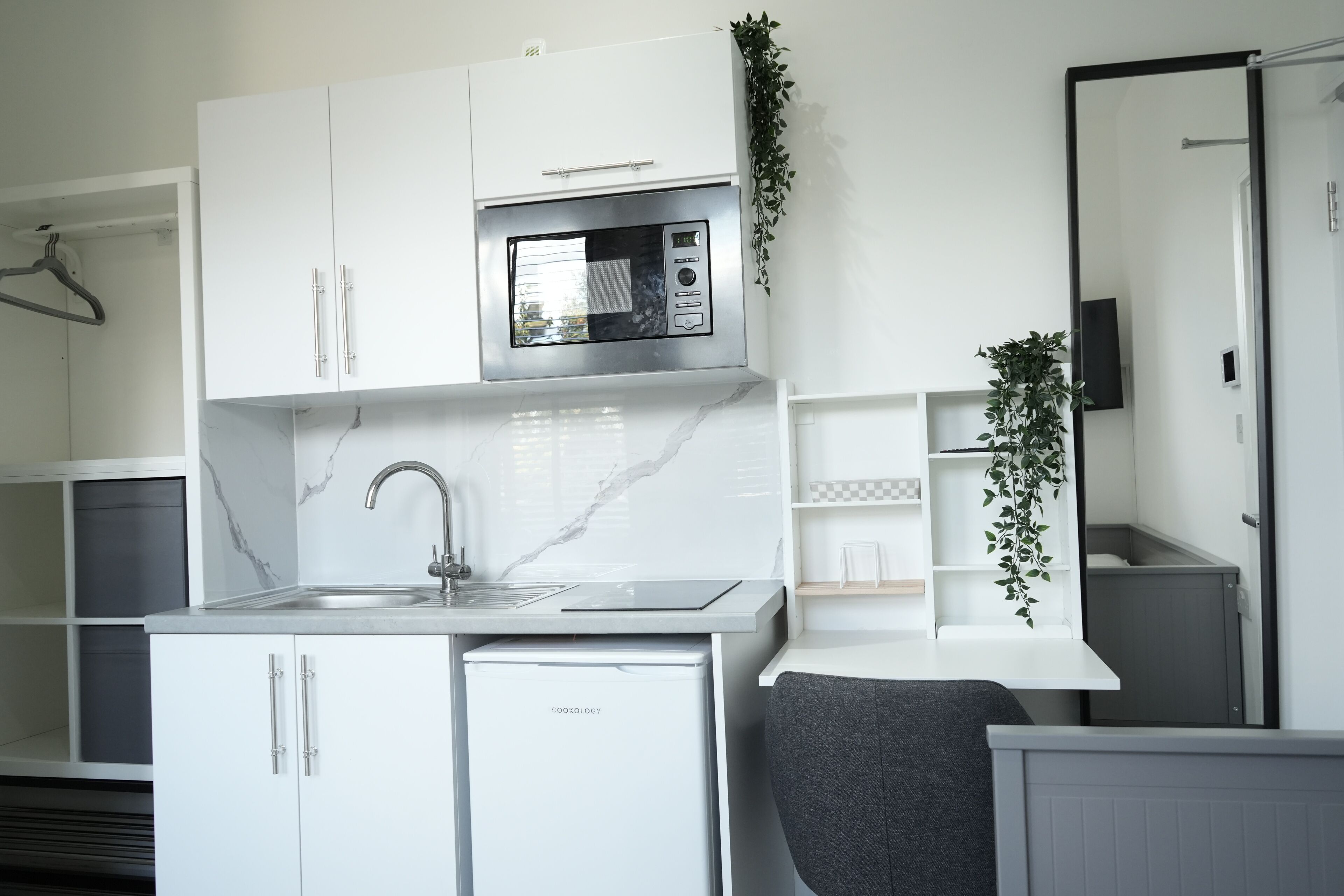 Mini-fridge, microwave, stovetop, espresso maker