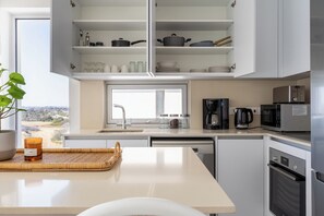 Apartamento, balcón, vistas al lago | Cocina privada | Frigorífico grande, microondas, horno y placa de cocina