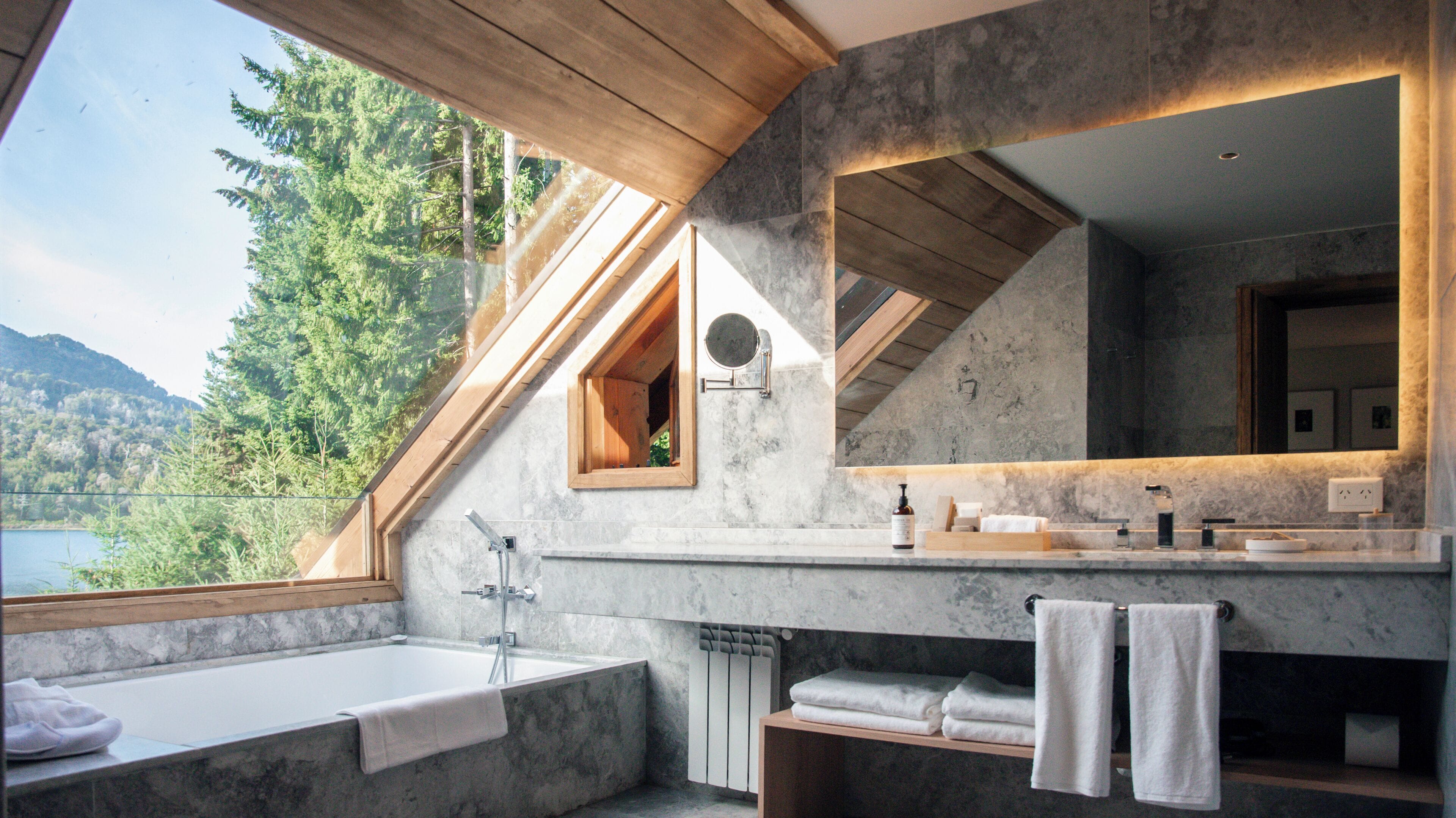 A modern bathroom with a large skylight, a bathtub, a vanity with a mirror, and a view of a forested area.