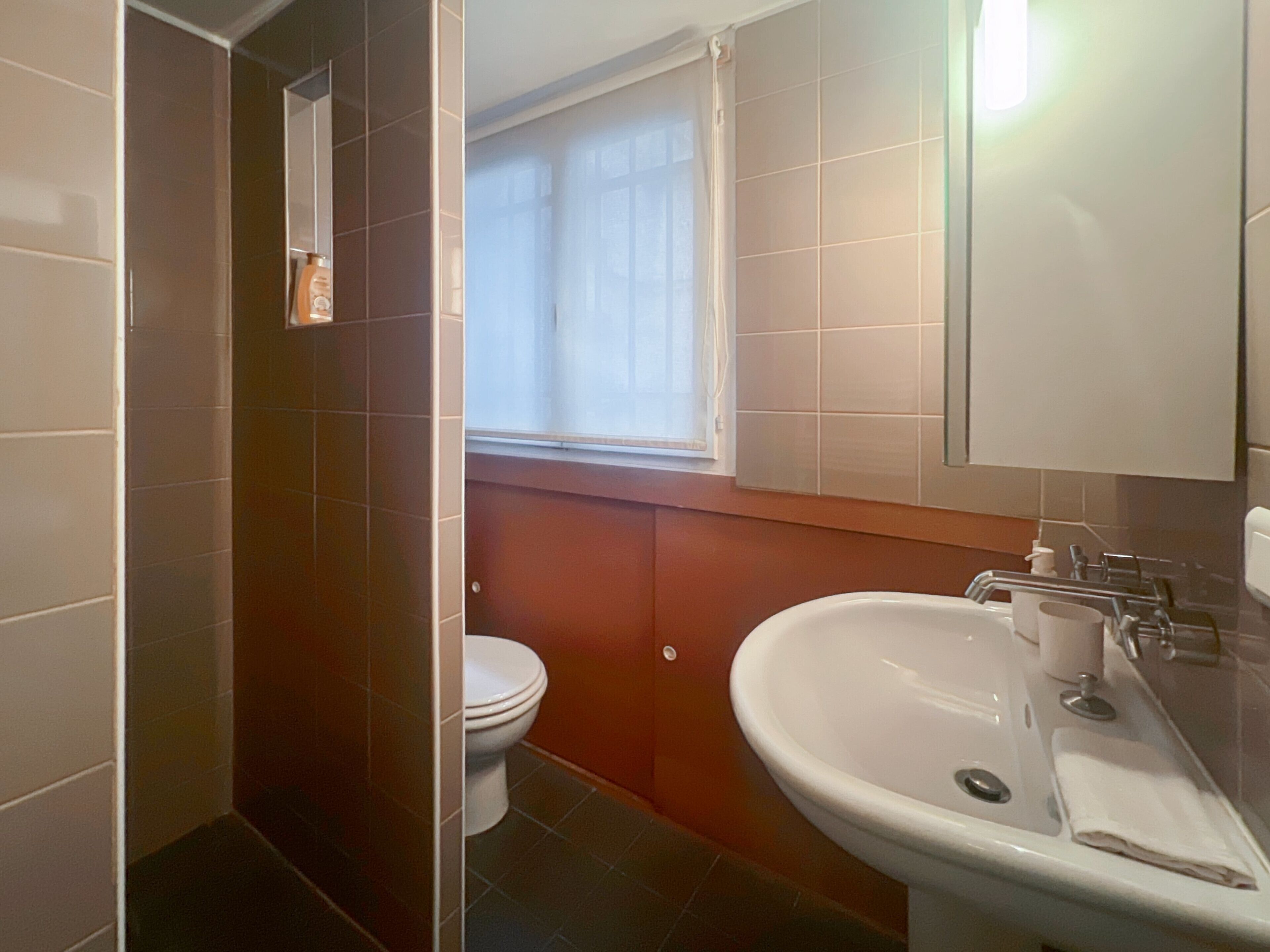 A bathroom with a toilet, sink, and window.