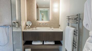 Hair dryer, bathrobes, slippers, towels