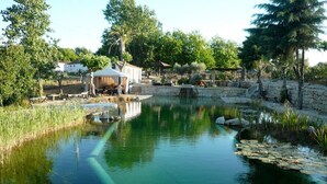 A serene outdoor pool area with a stone wall, a gazebo, and lush greenery. - Sunset Yellow Villa, Avis, Portalegre (Vale do Freixo)