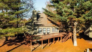 A cabin with a wooden deck, surrounded by trees. - Cozy Updated Cabin, close to towns, A/C (Davis)