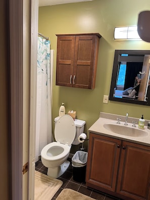 Hair dryer, towels, toilet paper