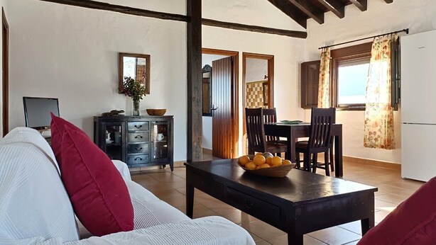 A living room with a sofa, a dining table with chairs, a TV, and a kitchen area with a refrigerator.