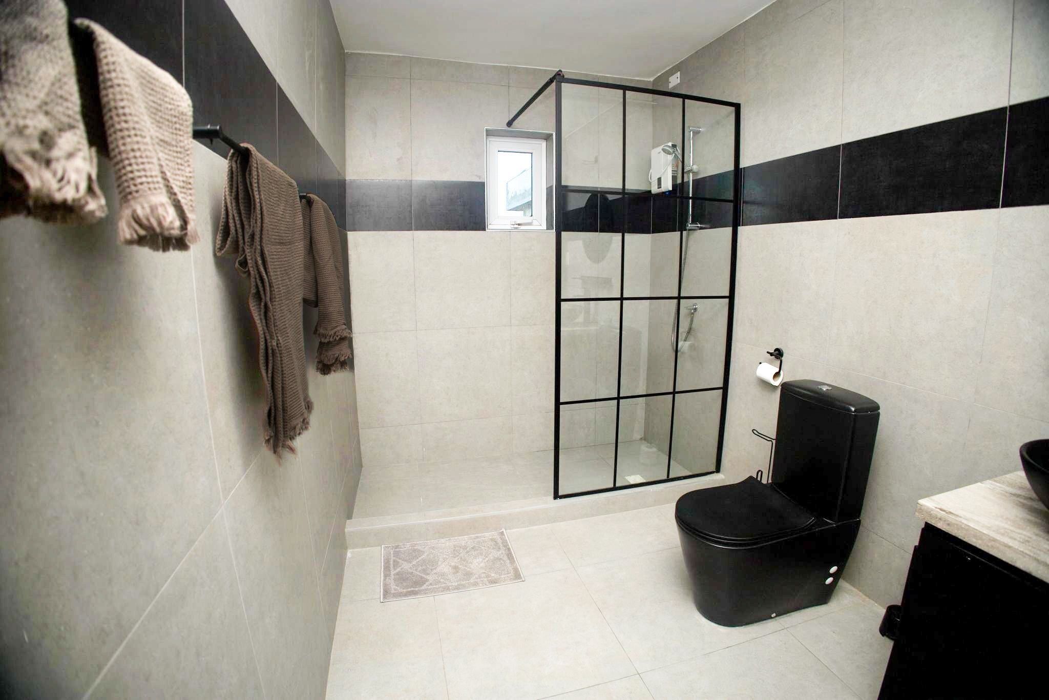 Regadera, secadora de cabello, toallas, papel de baño 