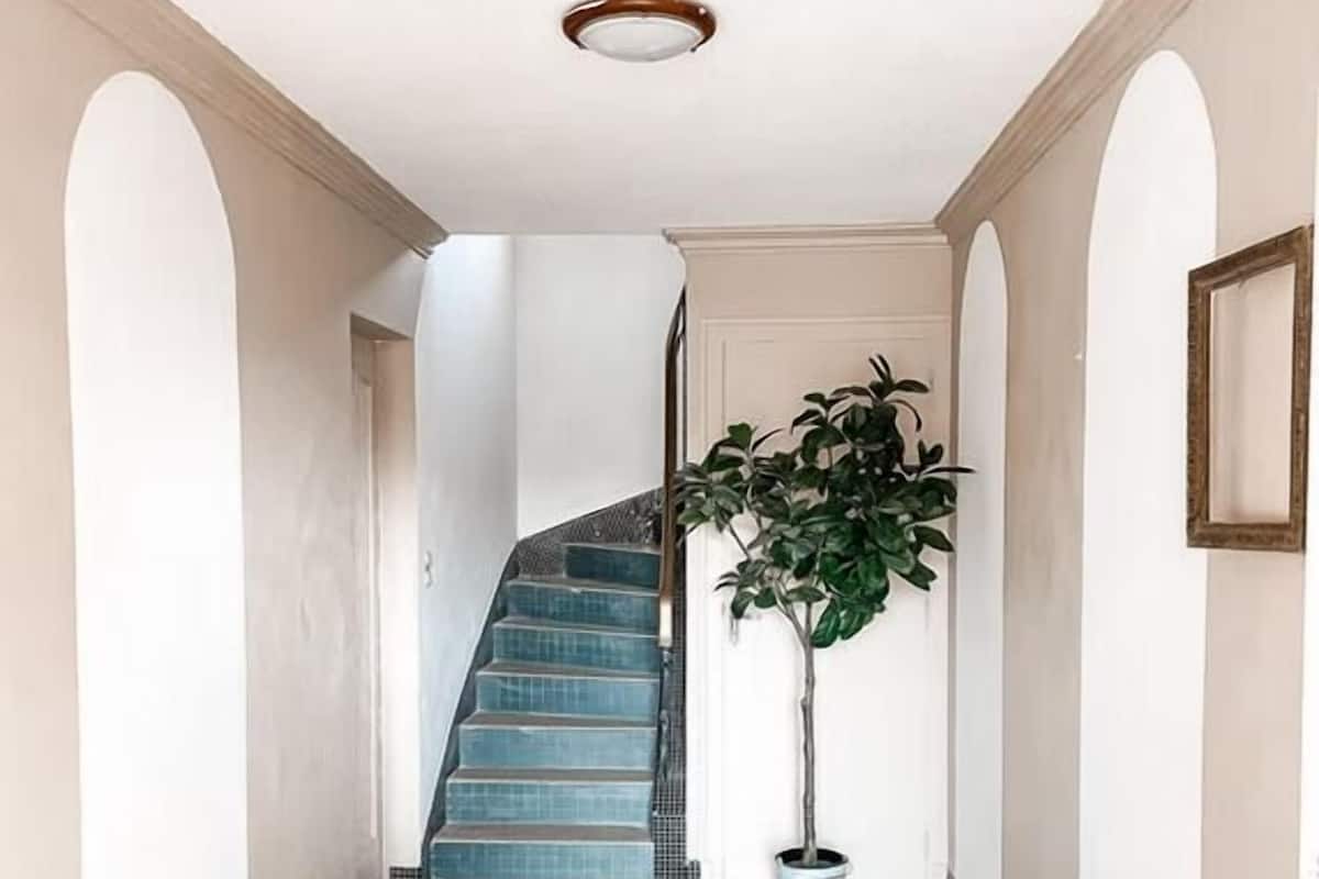 A hallway with a staircase, a potted plant, and a bench.