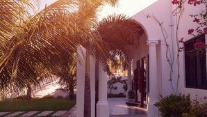 A covered walkway with palm trees and a white building with columns and a door. - Hotel Boutique Casa Roma (La Union)