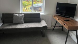 Un salon avec un canapé gris, un meuble TV en bois et une fenêtre équipée de stores.