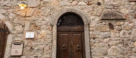A stone building with a wooden door, green shutters, and two potted plants.