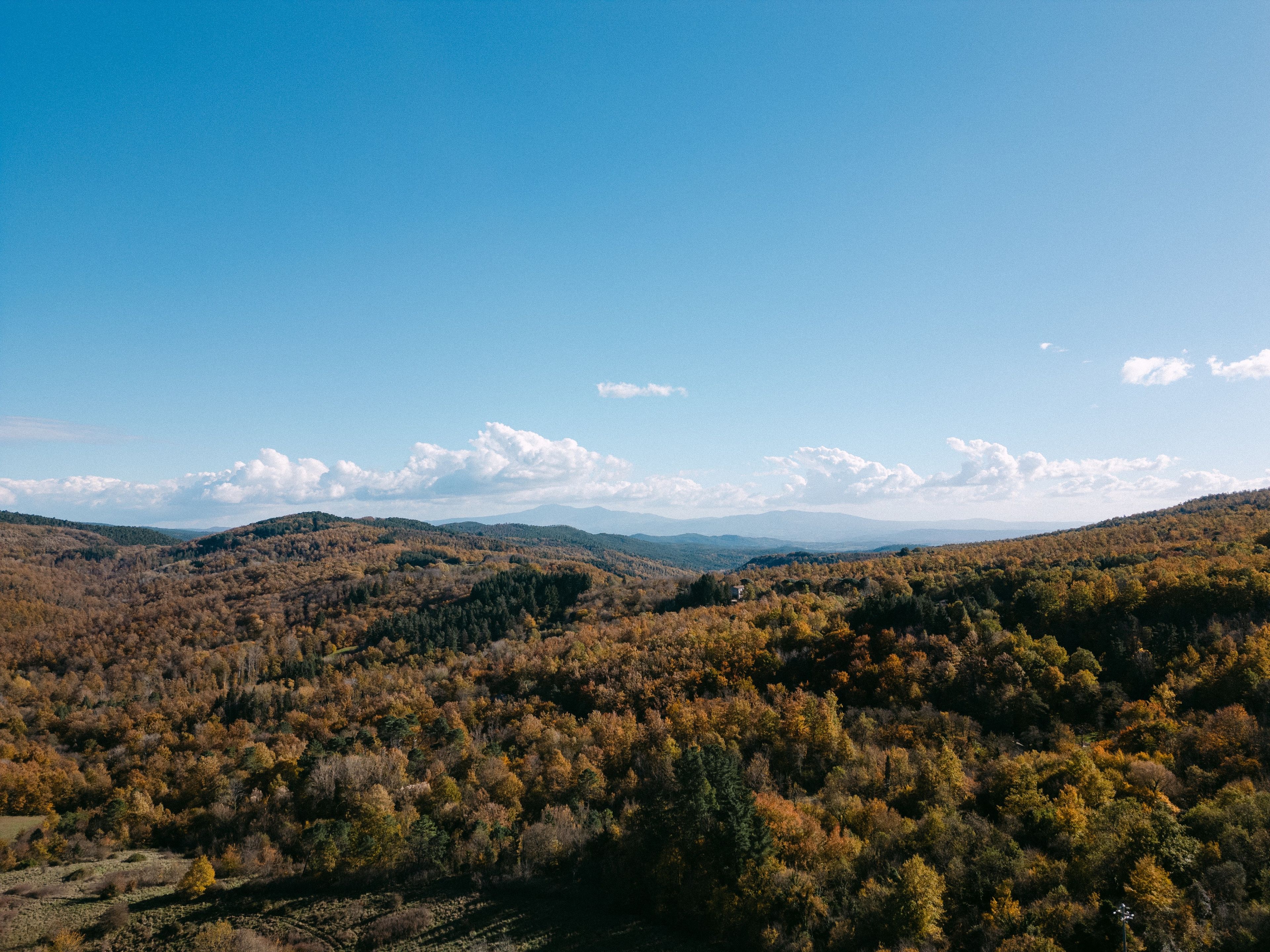 Une vue panoramique d’un paysage montagneux aux couleurs automnales.