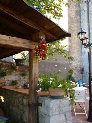 Un área de estar al aire libre rústica, con un pérgola de madera, paredes de piedra y plantas en macetas.