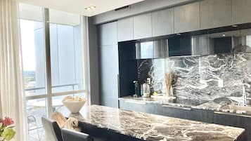 Fridge, microwave, cookware/dishes/utensils