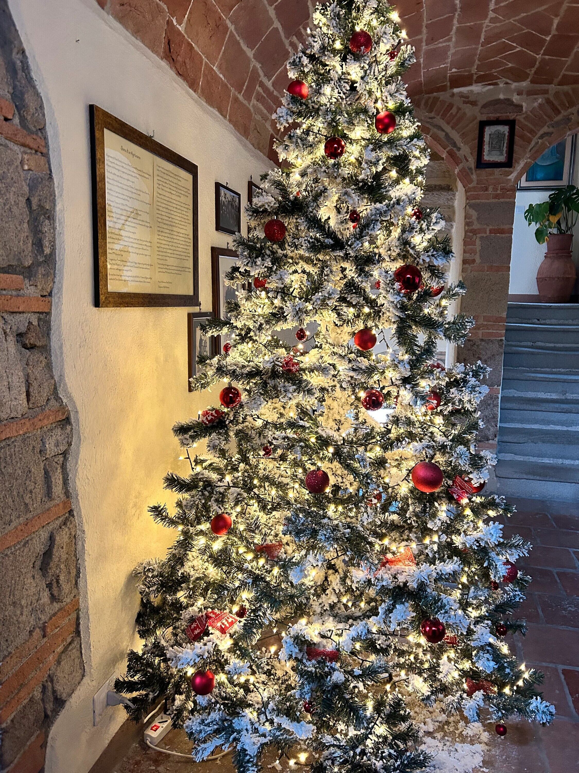 Ein festlich geschmückter Weihnachtsbaum mit Lichtern und Dekorationen vor einer Ziegelwand mit gerahmten Bildern.