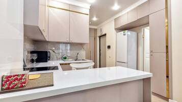 Fridge, microwave, stovetop, electric kettle