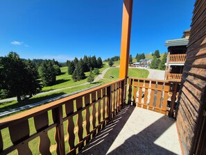 En balkon med udsigt over en vej, grønne marker og en bygning i det fjerne.